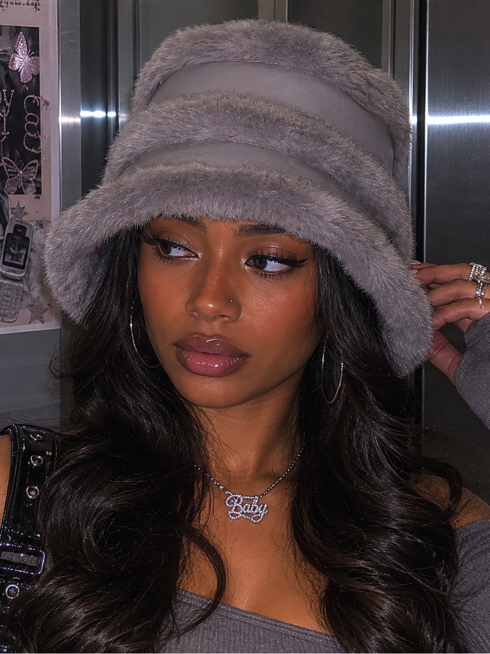 Jocelyn Faux Fur bucket hat in Light Gray